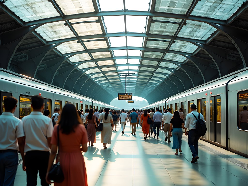 Bangalore Metro station with sustainable infrastructure features and commuters