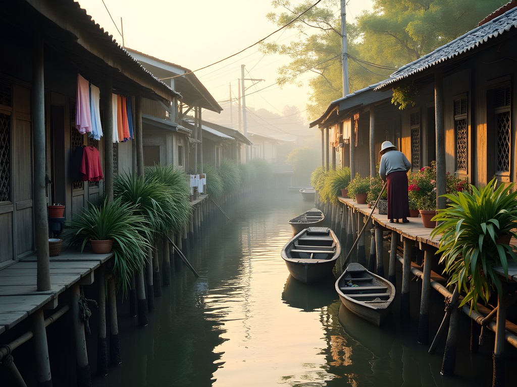 Traditional wooden stilt houses along a quiet Thonburi canal in Bangkok