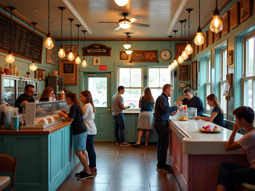 Diverse group enjoying ice cream at local Bear, Delaware creamery