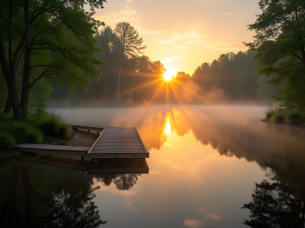 Sunrise over Lums Pond State Park in Bear, Delaware with morning mist over water