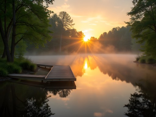 Sunrise over Lums Pond State Park in Bear, Delaware with morning mist over water