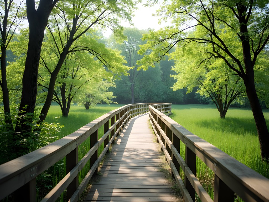 Wooden boardwalk through Fontenelle Forest wetlands in spring with green vegetation