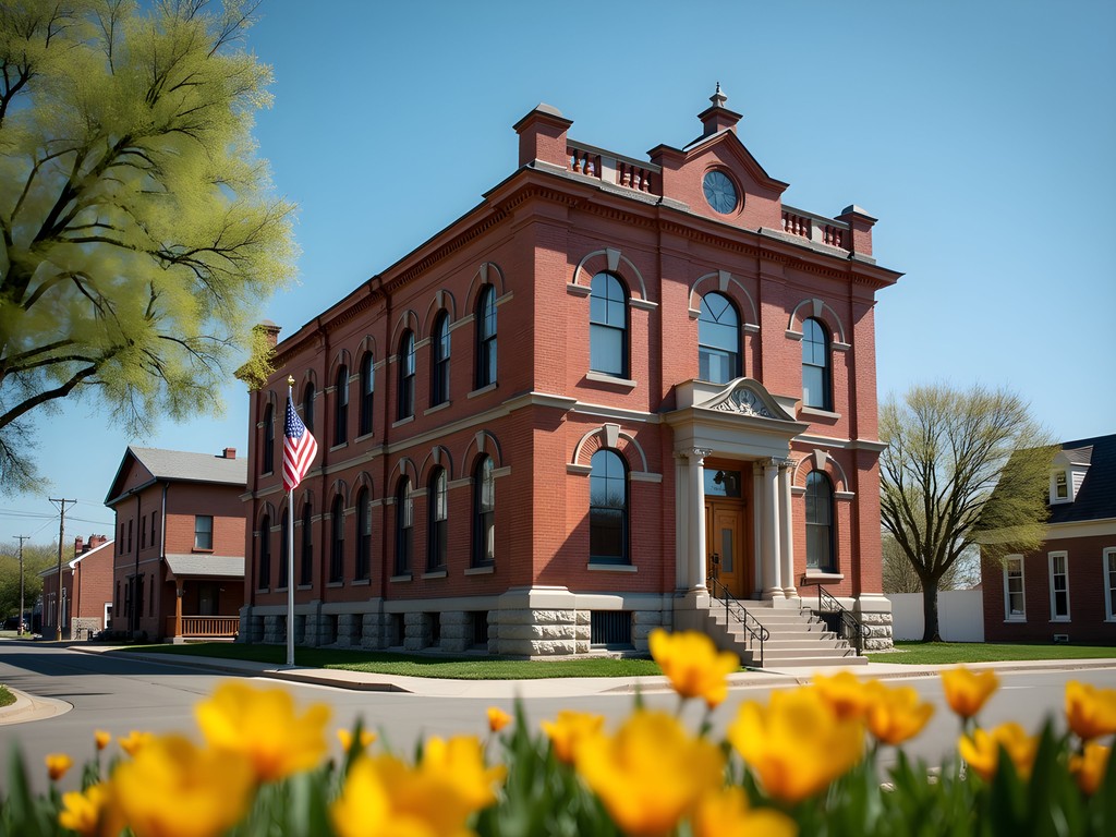Sarpy County Museum historic building in Bellevue Nebraska during spring