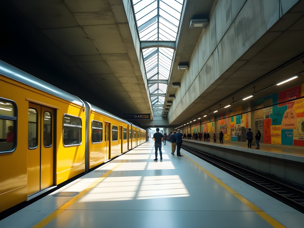Berlin U-Bahn station showing distinctive yellow trains and brutalist architecture