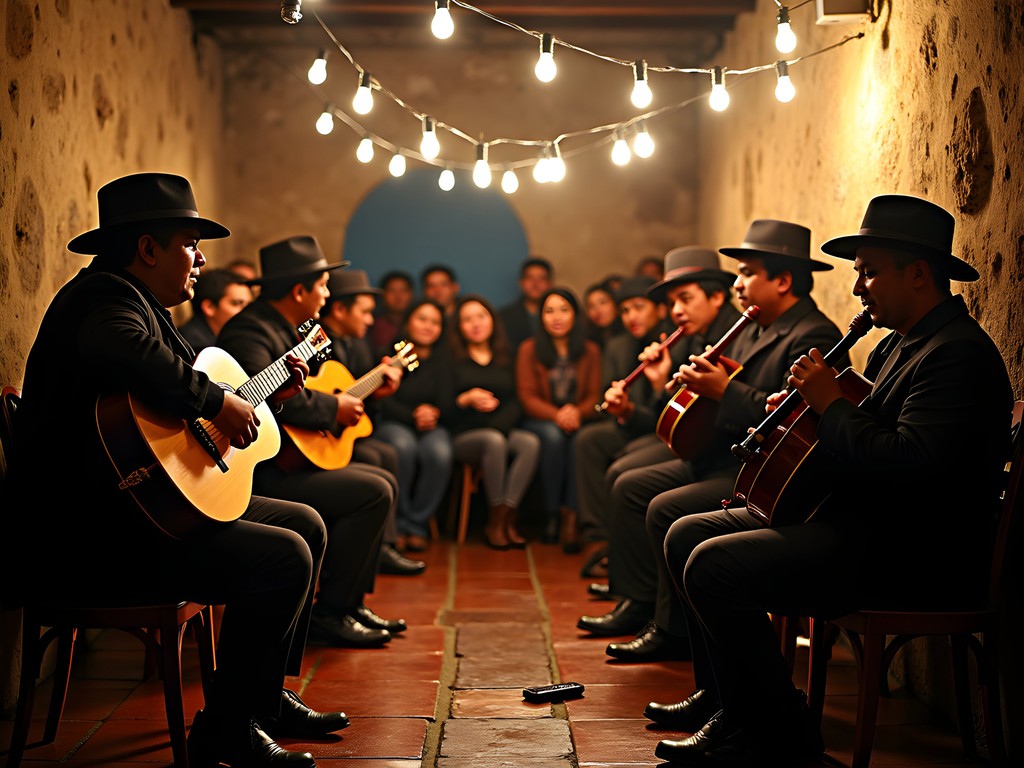 Traditional Andean music performance in a cozy Bogota venue with musicians playing zampoñas and charangos