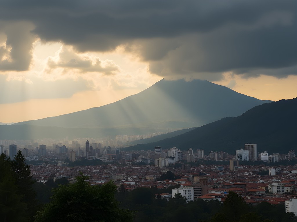 Rain clouds gathering over Bogota with Monserrate mountain visible in background