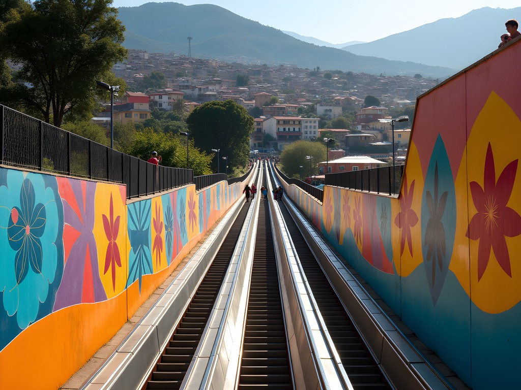 Colorful street art murals along the outdoor escalators in Comuna 13, Medellin