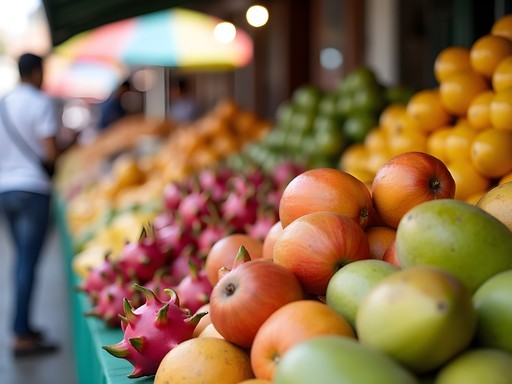 Colorful exotic fruit display at Minorista Market in Medellin