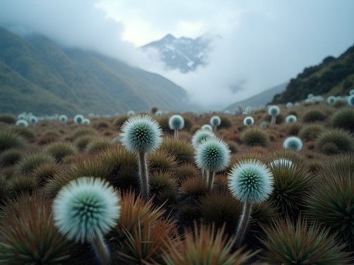 Otherworldly frailejones plants in the misty páramo ecosystem of Chingaza National Park near Bogota
