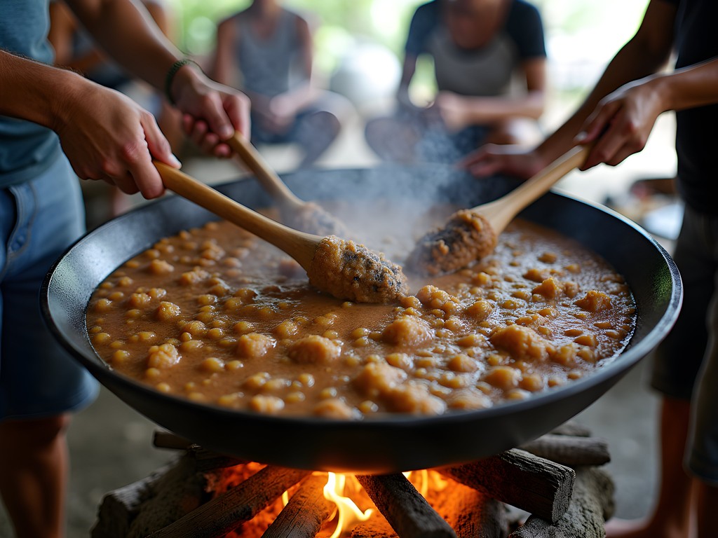 Traditional calamay-making process in Jagna, Bohol with locals stirring mixture over fire