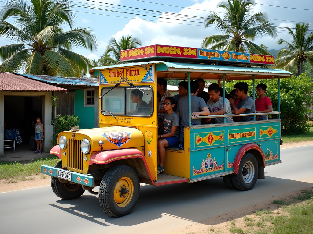 Colorful jeepney public transportation in Bohol with locals boarding