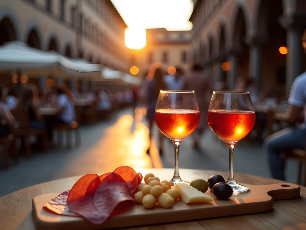 Traditional Italian aperitivo spread with Aperol Spritz and local foods in Bologna