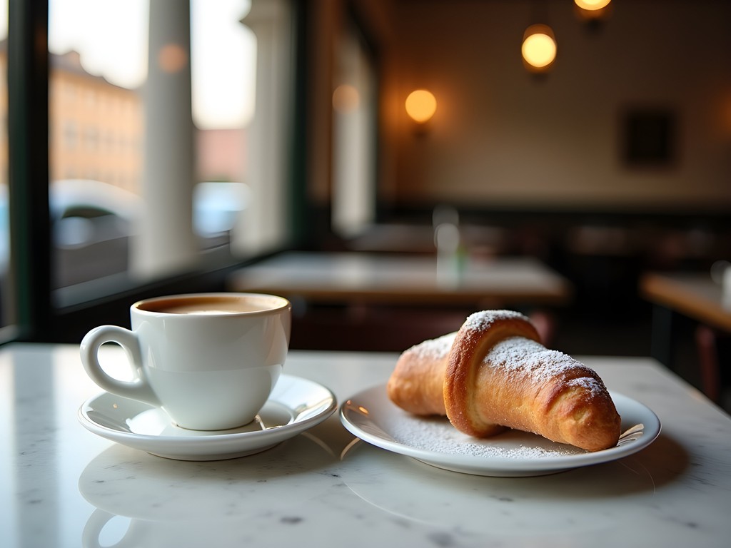 Traditional Italian breakfast with espresso and cornetto at a marble counter in Bologna