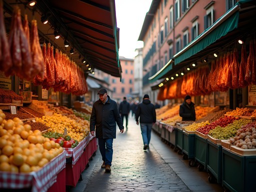 Colorful food stalls in Bologna's historic Quadrilatero market district