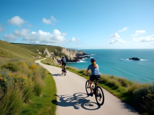 Couple cycling along Bornholm's scenic coastal path with Baltic Sea views