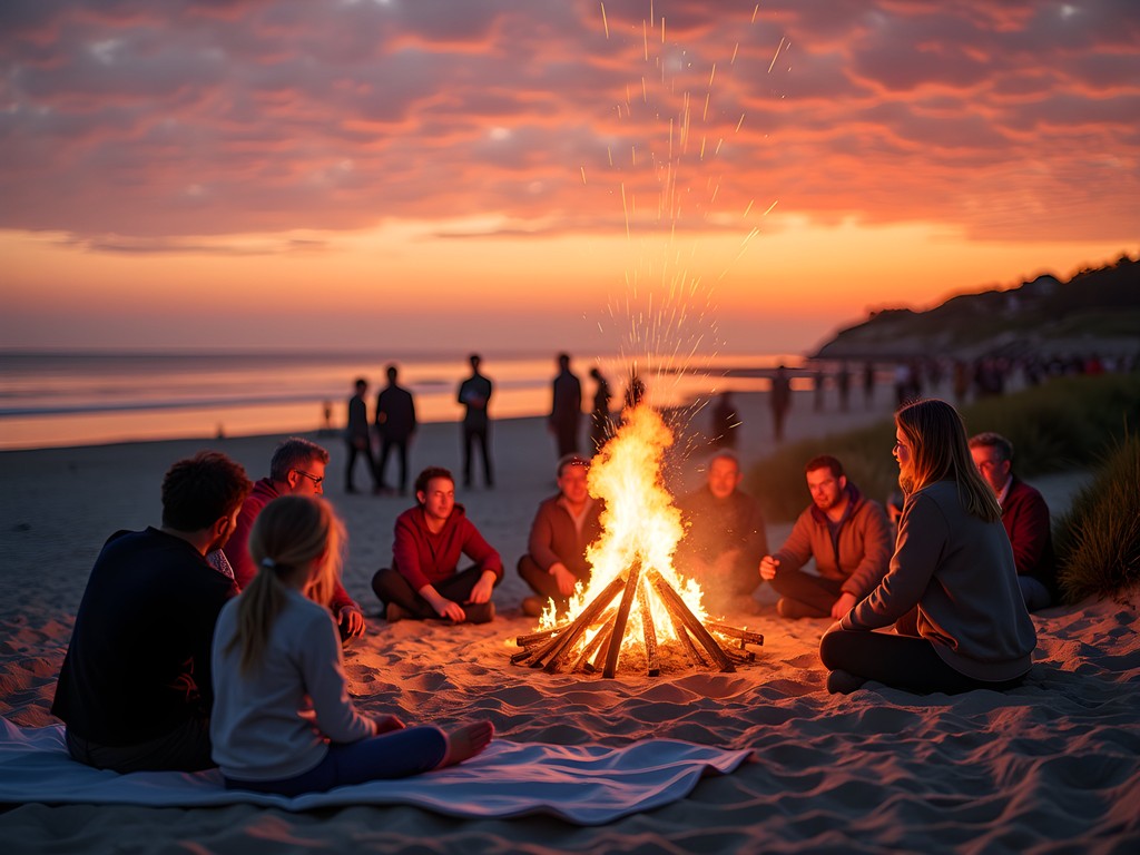 Traditional Danish midsummer celebration with bonfire on Bornholm beach at sunset