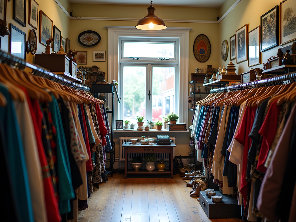 Woman browsing colorful vintage clothing racks in Allston neighborhood thrift store