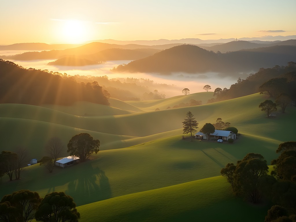 Rolling green hills of Samford Valley near Brisbane with farmhouses