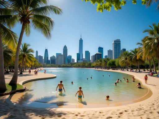 South Bank Parklands artificial beach with families enjoying the water