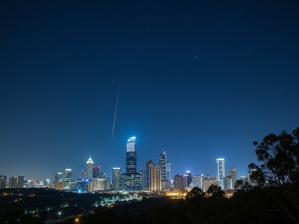 Southern Cross constellation visible over Brisbane skyline at night