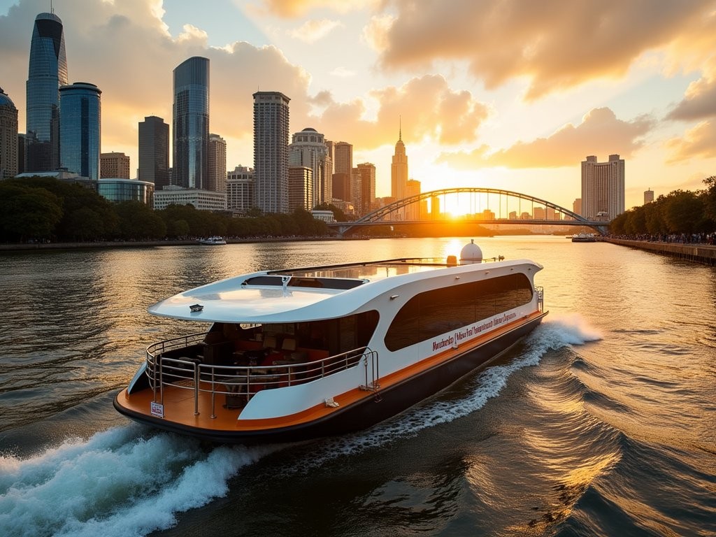 Brisbane CityCat ferry crossing the river at sunset with city skyline
