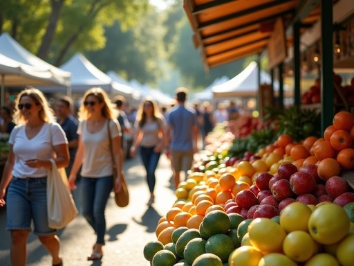Colorful local produce stalls at West End Markets in Brisbane with locals shopping