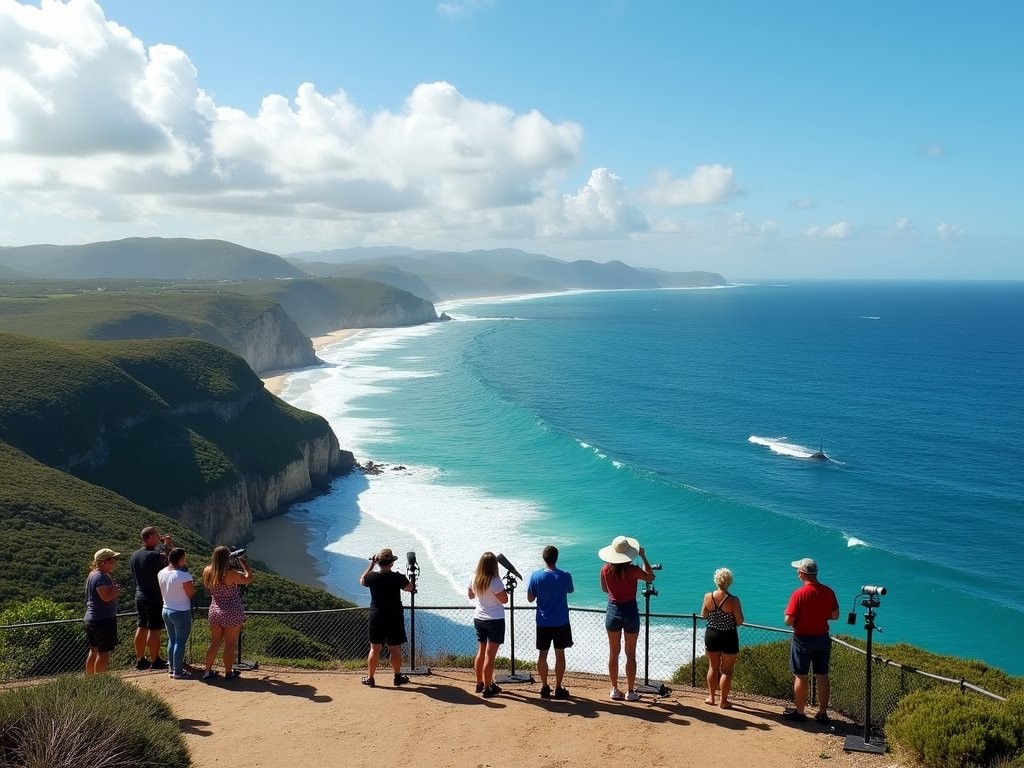 Whale watching from Point Lookout on North Stradbroke Island with locals using binoculars