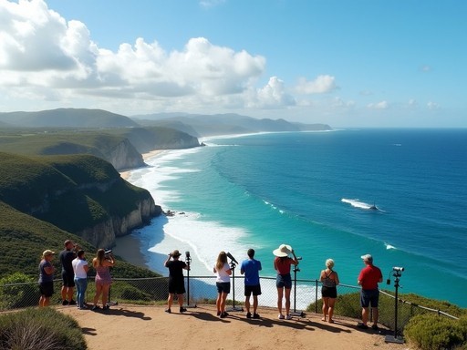 Whale watching from Point Lookout on North Stradbroke Island with locals using binoculars