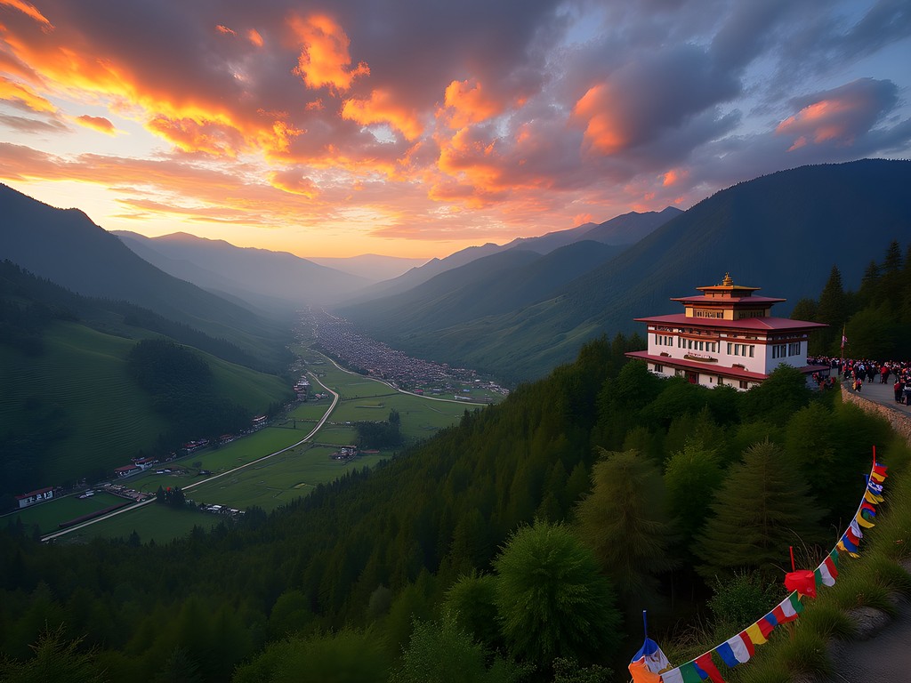 Panoramic view of Bumthang Valley at sunset with prayer flags and ancient monasteries