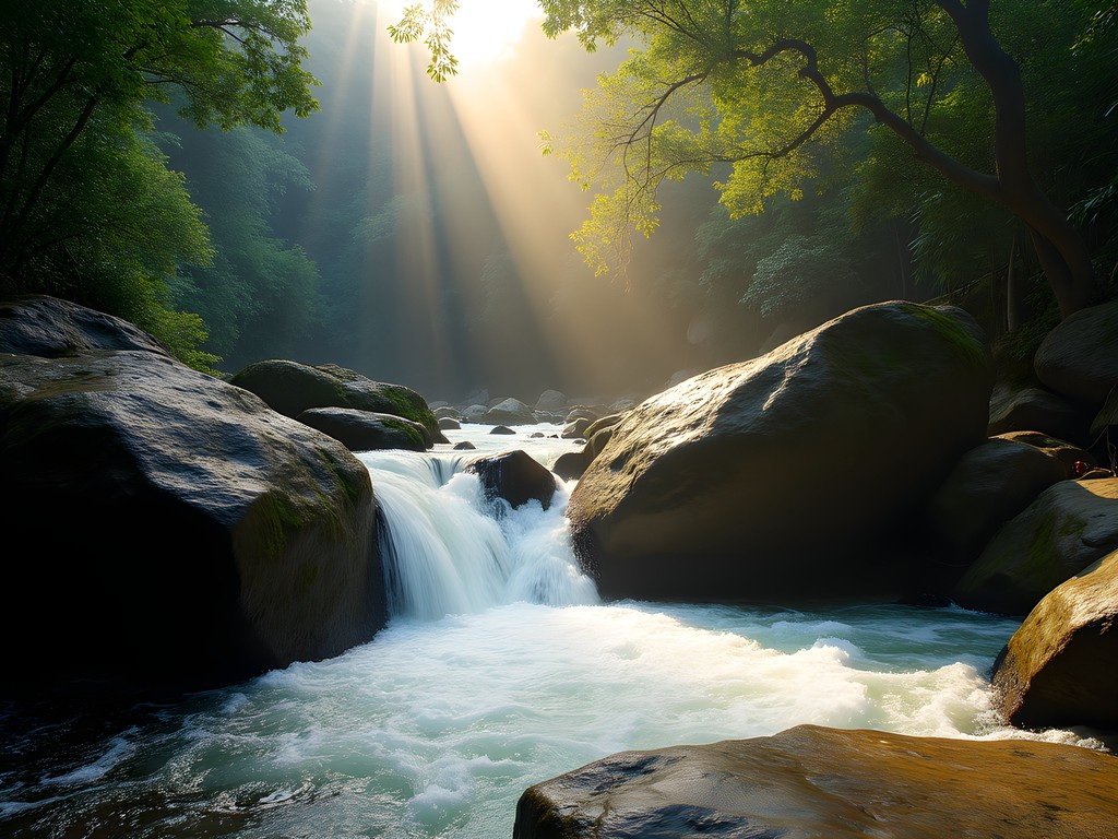 Sunlight filtering through rainforest onto massive granite boulders with rushing water at Babinda