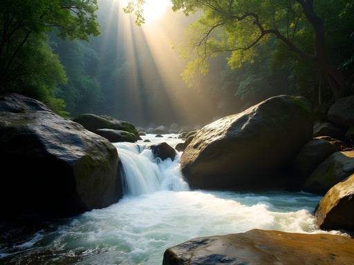 Sunlight filtering through rainforest onto massive granite boulders with rushing water at Babinda