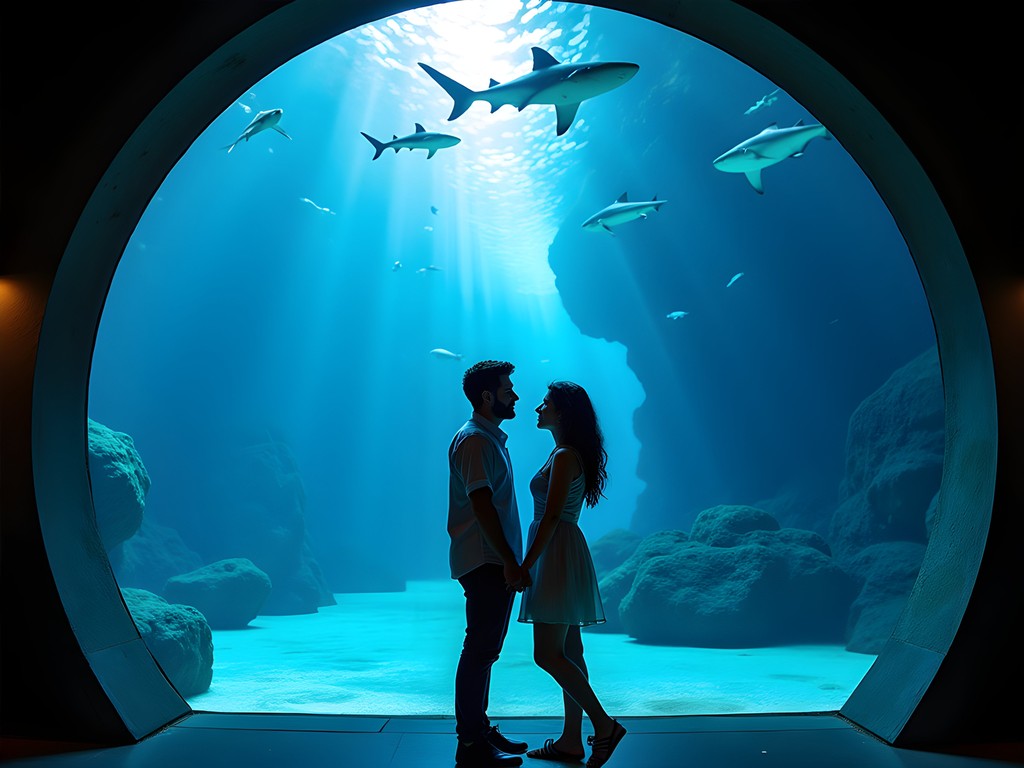 Couple enjoying the underwater tunnel at Cairns Aquarium during the evening experience