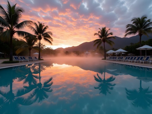 Cairns Esplanade Swimming Lagoon at dawn with perfect reflections and golden light