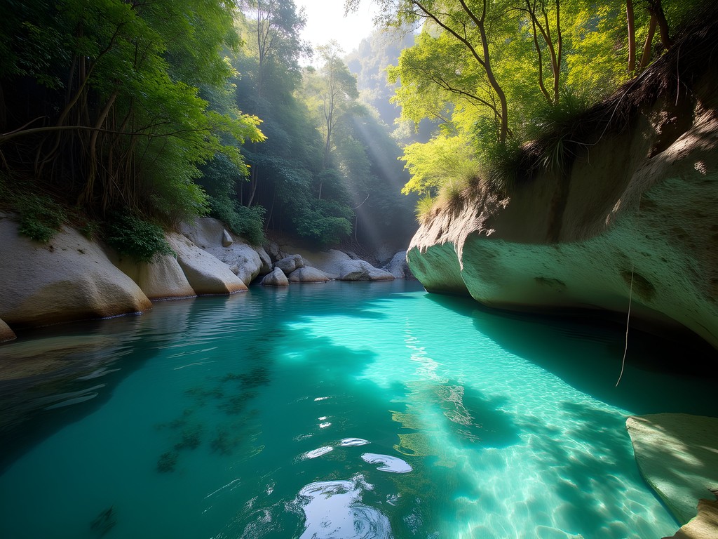 Secluded natural swimming pool at Crystal Cascades surrounded by rainforest