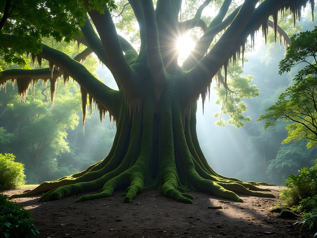 Massive strangler fig tree on the back roads near Kuranda with person for scale