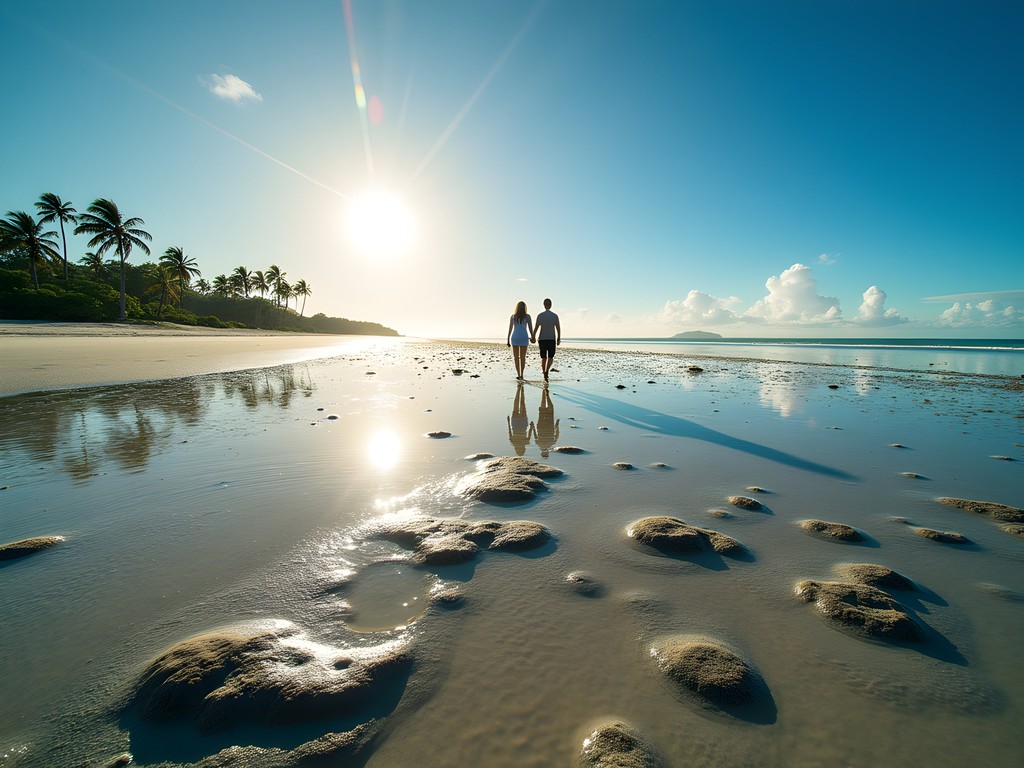 Couple exploring dramatic tidal flats at Palm Cove during extreme low tide