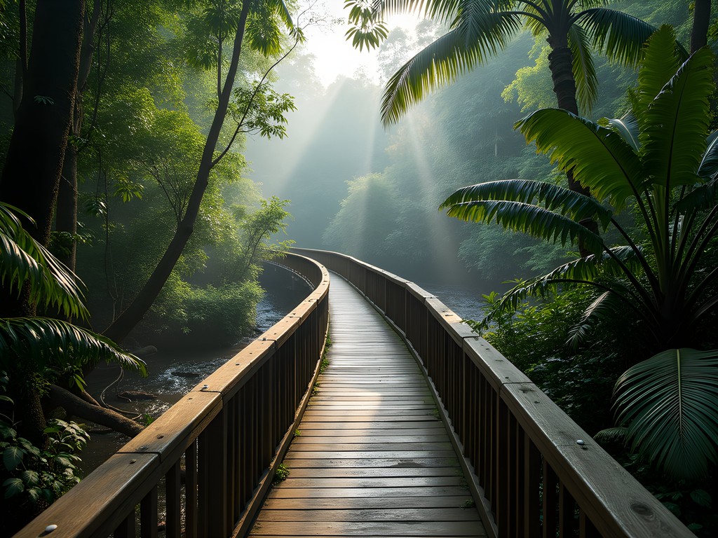 Elevated wooden boardwalk through remnant rainforest on Stratford Heritage Trail