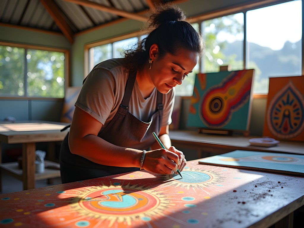 Indigenous artist creating traditional artwork at Yarrabah Art Center near Cairns