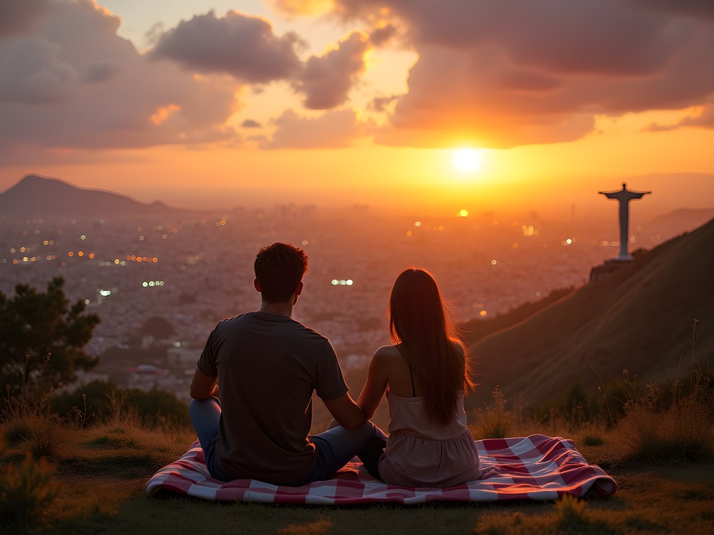 Couple enjoying private sunset view from Cristo Rey after official closing hours