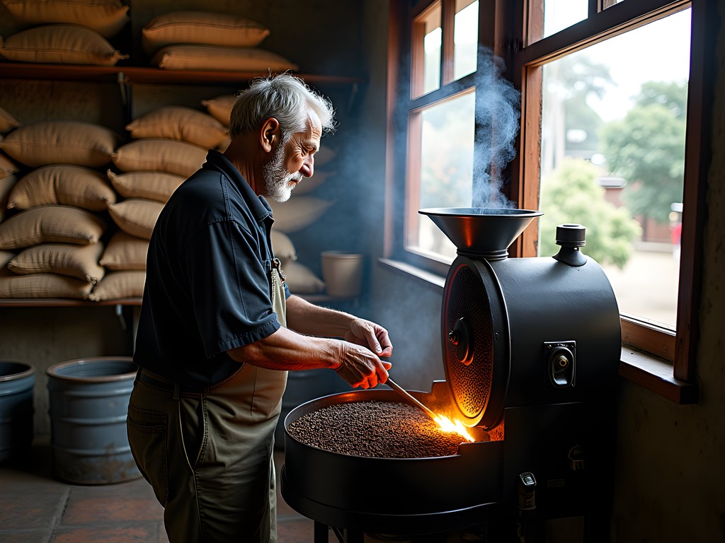 Local coffee roaster in San Antonio neighborhood preparing small-batch coffee