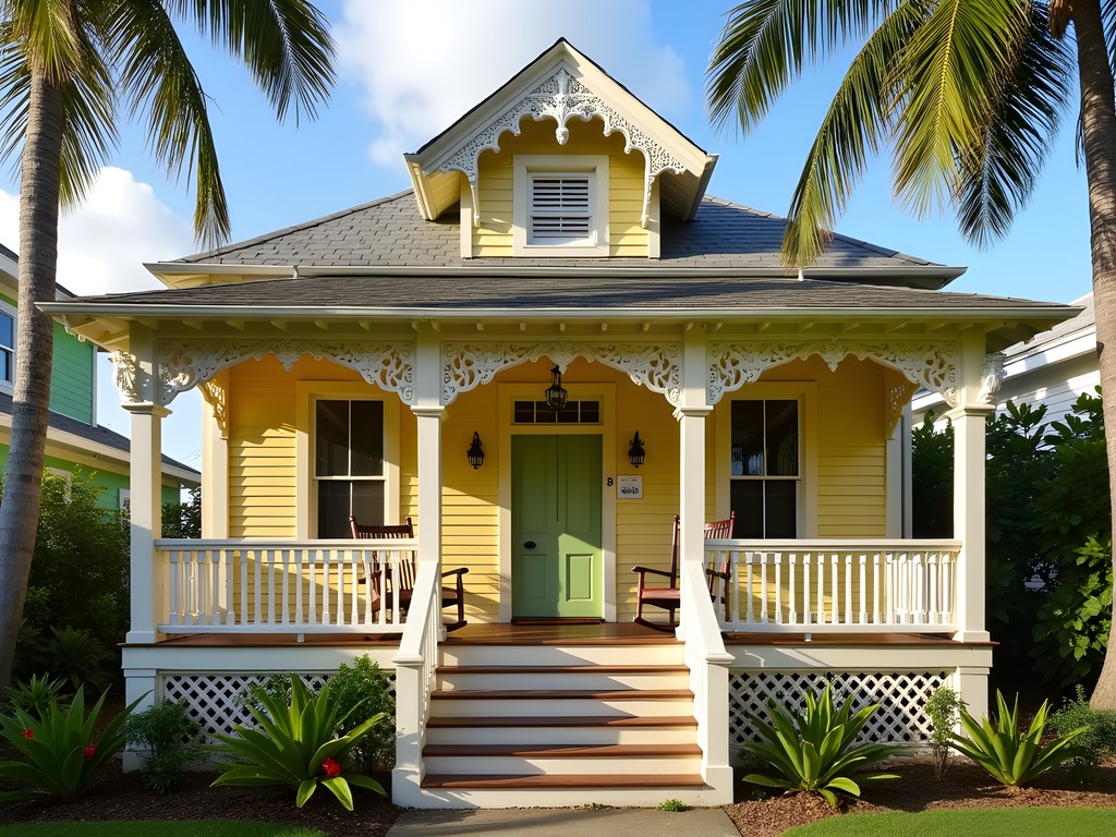 Historic gingerbread cottage with traditional Caribbean architecture and colorful wooden details in Nevis
