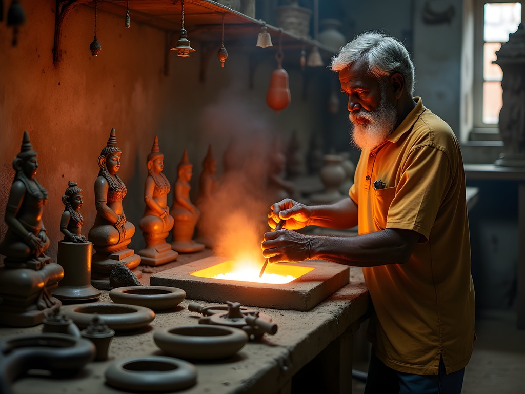 Traditional bronze casting artisan creating deity figure in Chennai workshop