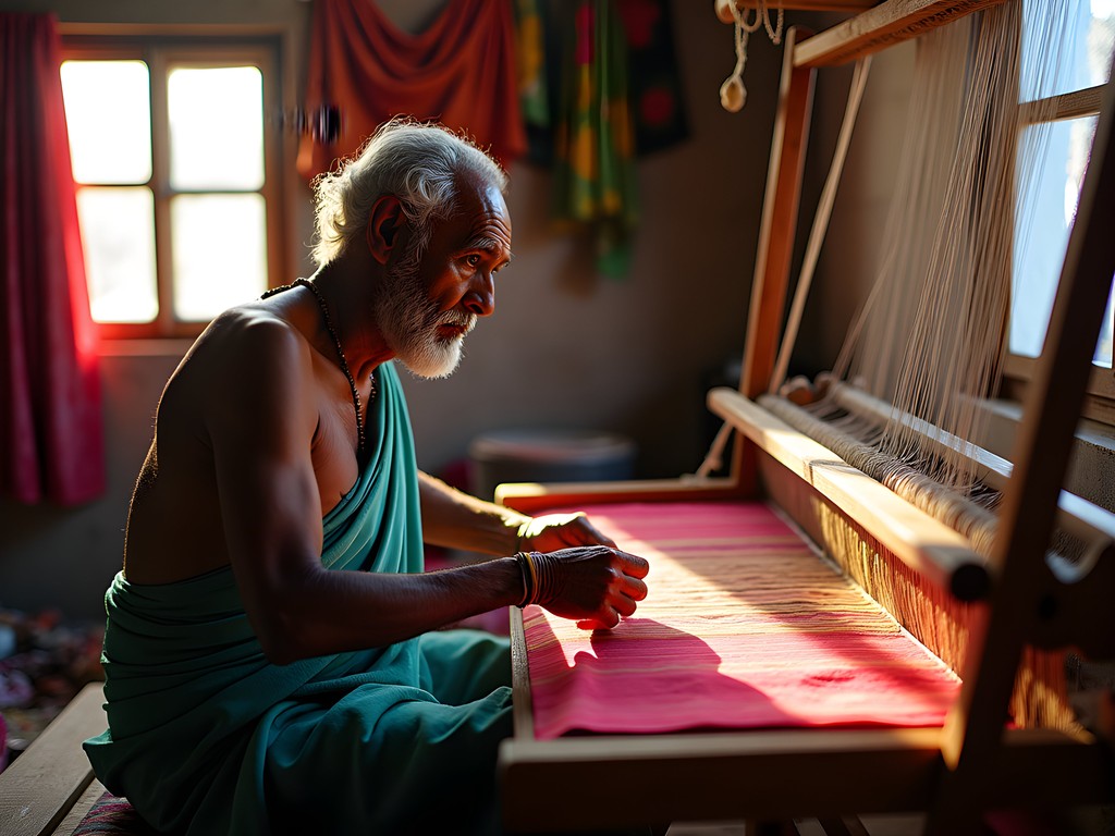 Traditional silk weaver demonstrating Kanchipuram technique in Chennai workshop