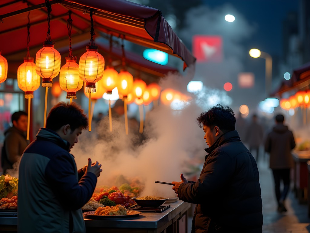 Vibrant food stalls at Wenhua Road Night Market in Chiayi with locals enjoying traditional dishes