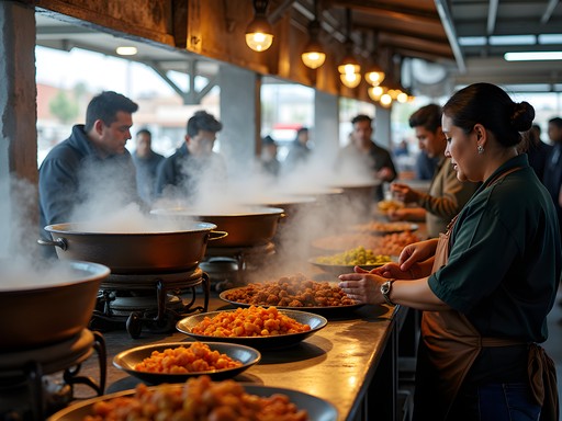 Bustling food section in Mercado Modelo with local dishes being prepared