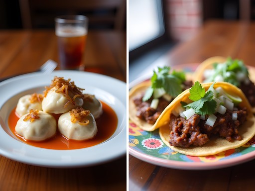 Collage of authentic Polish pierogi and Mexican tacos from local Cicero restaurants