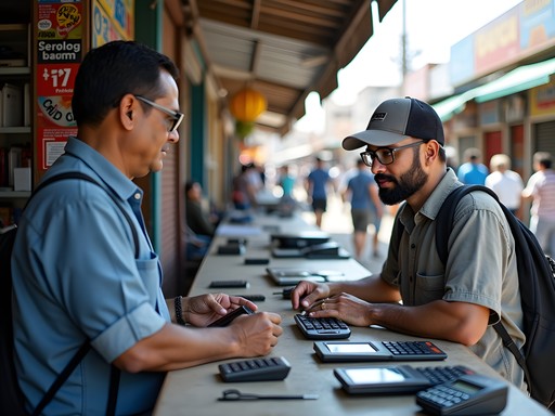 Customer and vendor negotiating prices at an electronics stall in Ciudad del Este