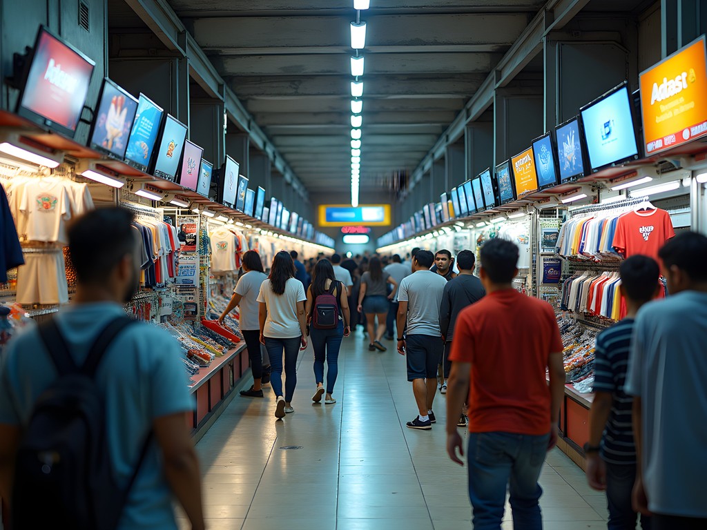 Crowded indoor shopping gallery in Ciudad del Este with multiple vendor stalls