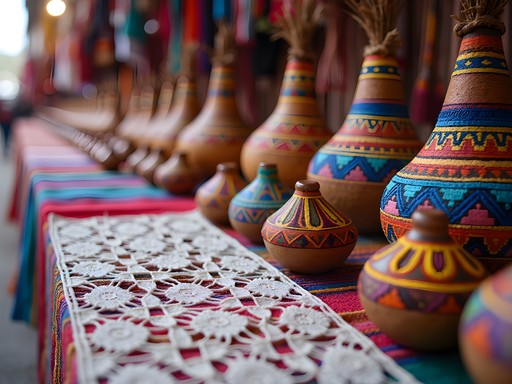 Display of colorful traditional Paraguayan handicrafts including ñandutí lace and mate gourds