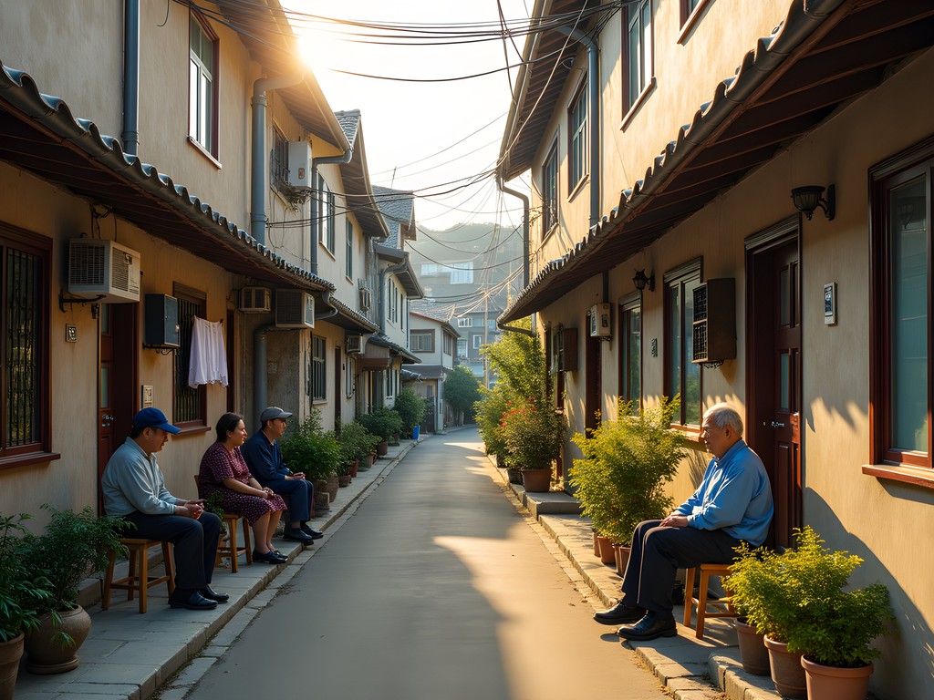 Narrow residential street in Bisan-dong neighborhood with traditional Korean homes